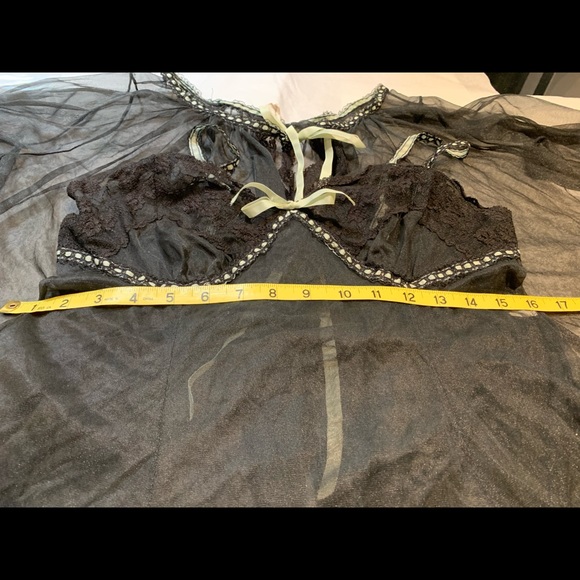 Gorgeous Vintage Peignoir set black with light lime ribbons, sheer slip dress. - Picture 8 of 9